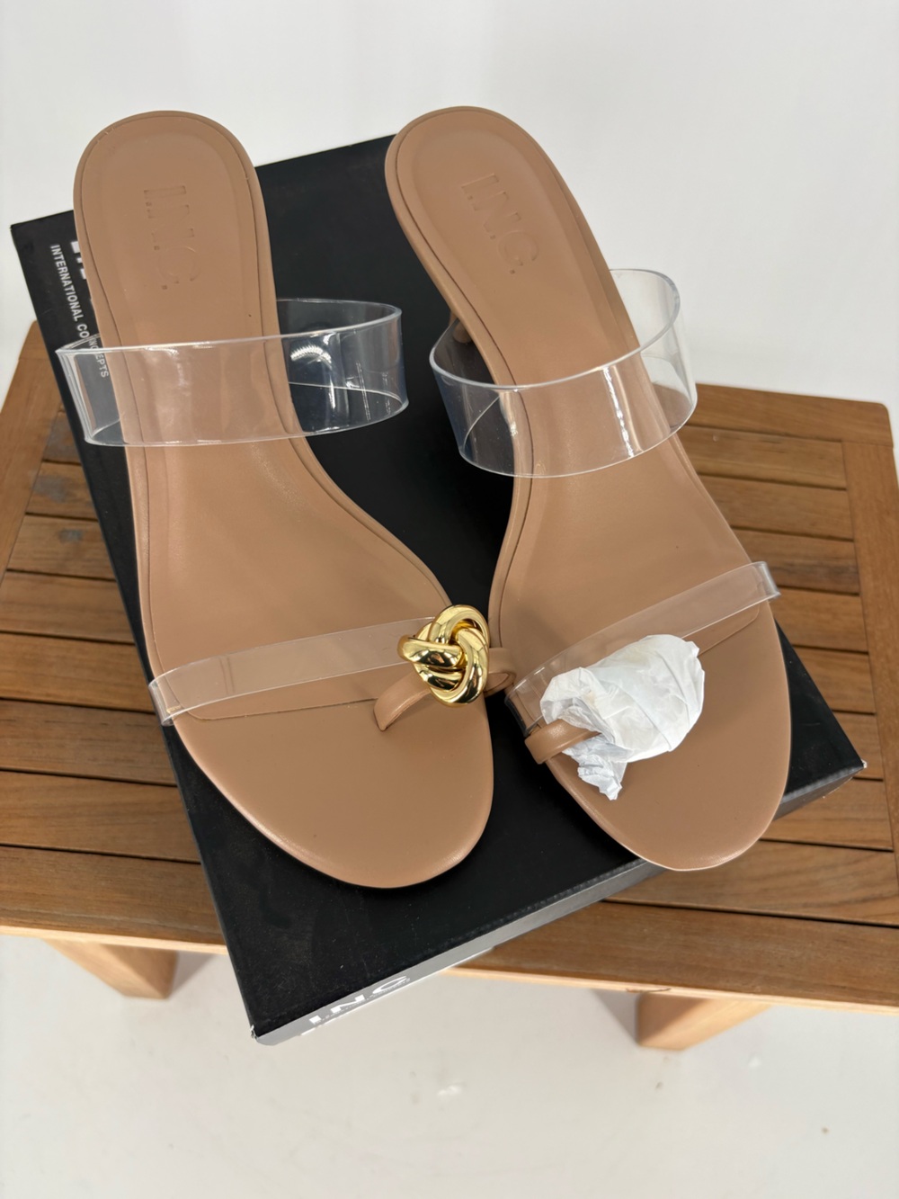 New INC women’s Nude Clear Strap Flat Sandals with Gold Accent size 8 M